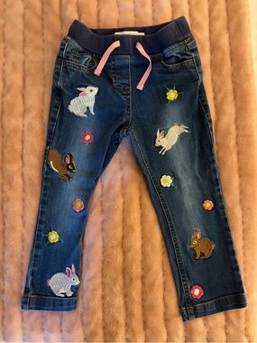 Mini Boden Navy Denim Bunny & Floral Embroidered Jeans with Pink Drawstring